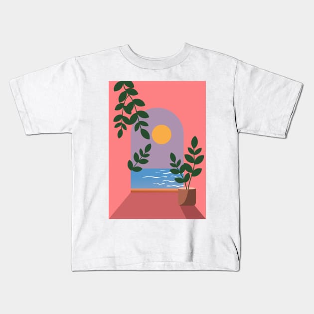 Ocean view from window Kids T-Shirt by Chigurena